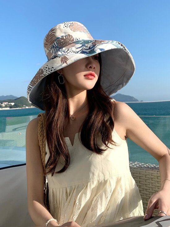 Women Wide Brim Summer Sun Hat Wired Edge Beach Bucket Fishing Hats Blue main image 6